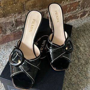 Prada Calzature Donna Black Patent Leather slide on espadrille Wedges